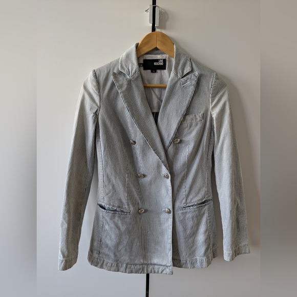 LOVE MOSCHINO Distressed Blue and White Striped Cotton Blazer US Size 2 - Picture 2 of 9